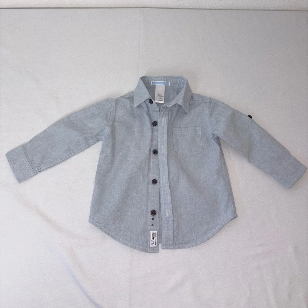 Janie and Jack blue linen cotton roll‎ tab sleeve shirt 12 - 18 months